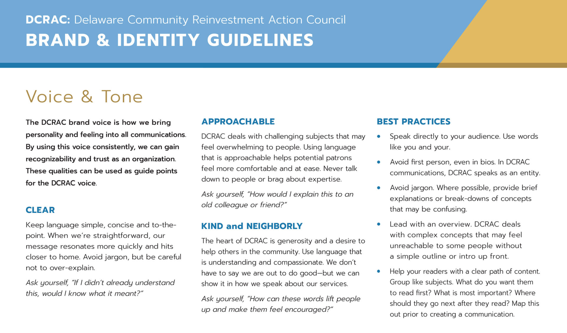 DCRAC Brand guidelines portfolio images 1 - voice and tone