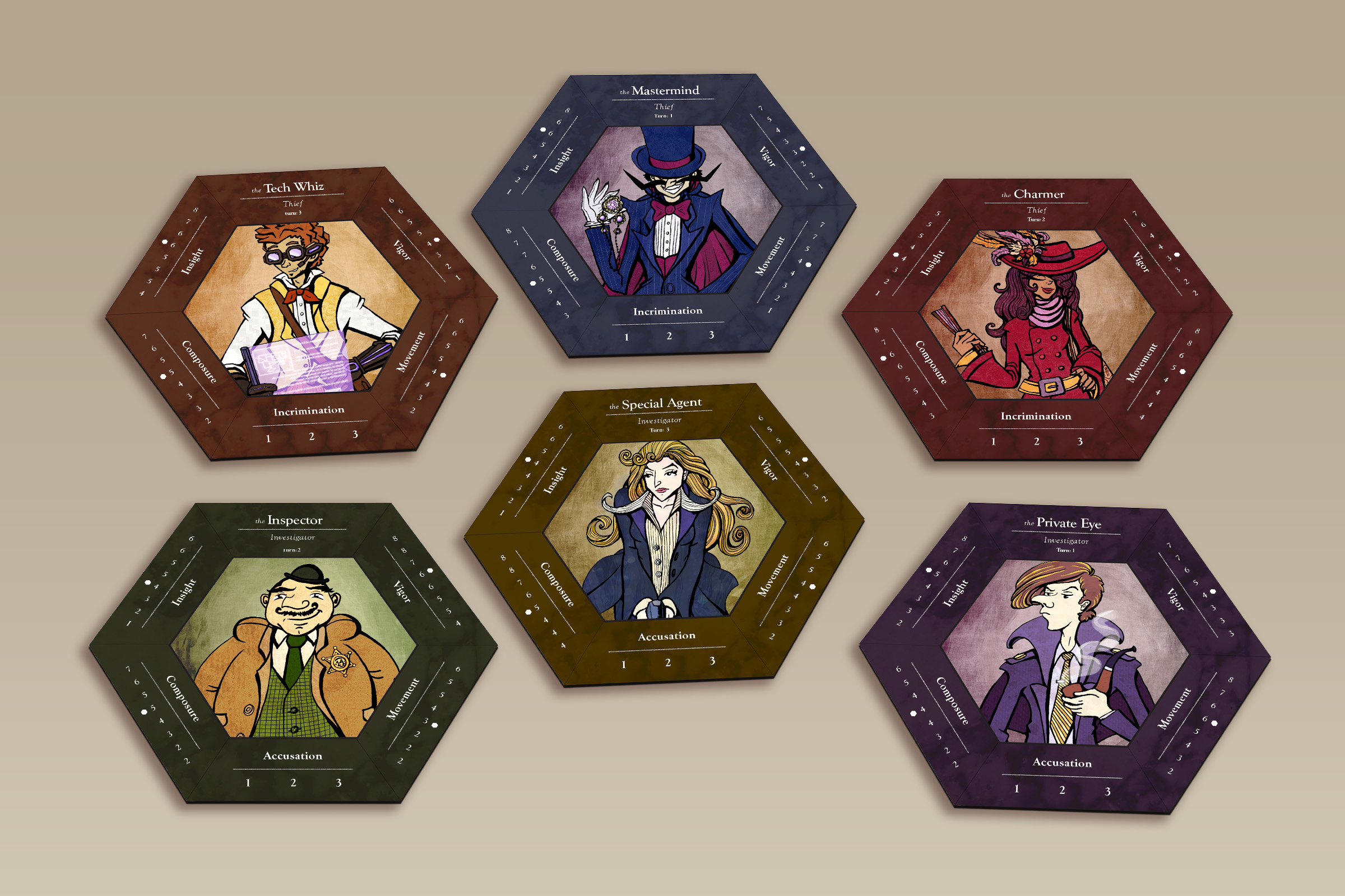 Haywire Heist boardgame Character Boards
